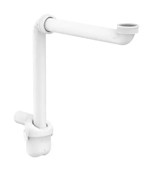 Weißer Siphon mit einem langen, gebogenen Rohr und einer Abzweigung, geeignet für Waschtische. Das Produkt stammt von Hansgrohe.